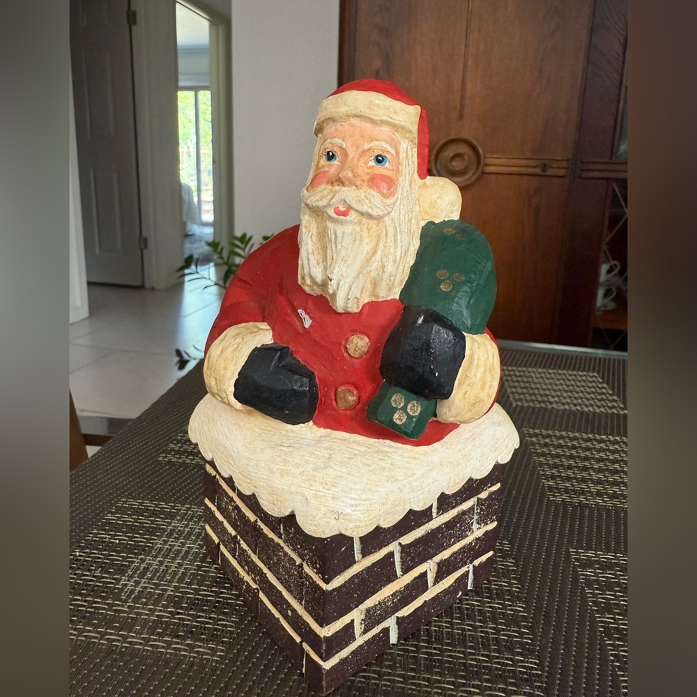 Signed James Haddon Carved Wood Santa with Sack in Chimney